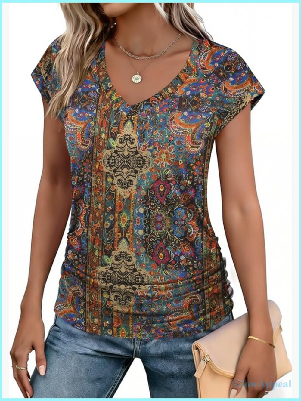Ruched Cap Sleeve V Neck Tunic Top with Side Shirring